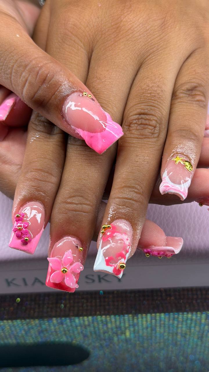 Hot pink marble nails with 3D flowers by Tay